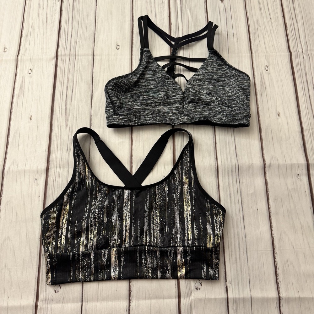 Victoria's Secret Sport Racerback Sports Bra Black Gold Womens Medium Lot‎ of 2